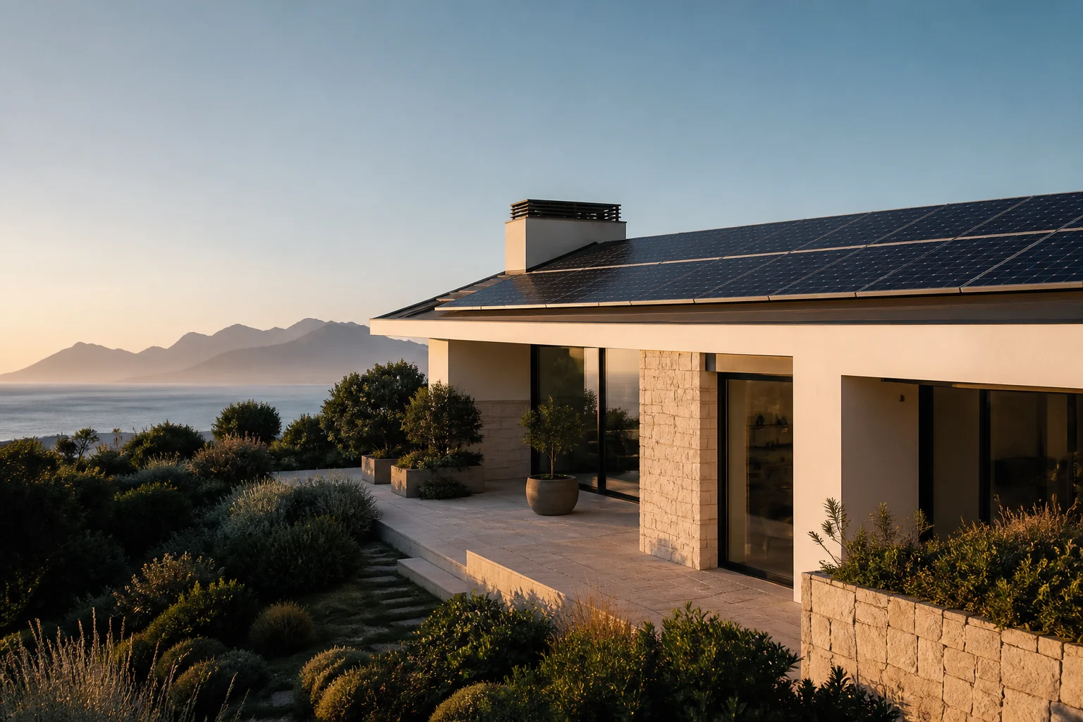 Concept image of rooftop solar integrated with contemporary coastal architecture