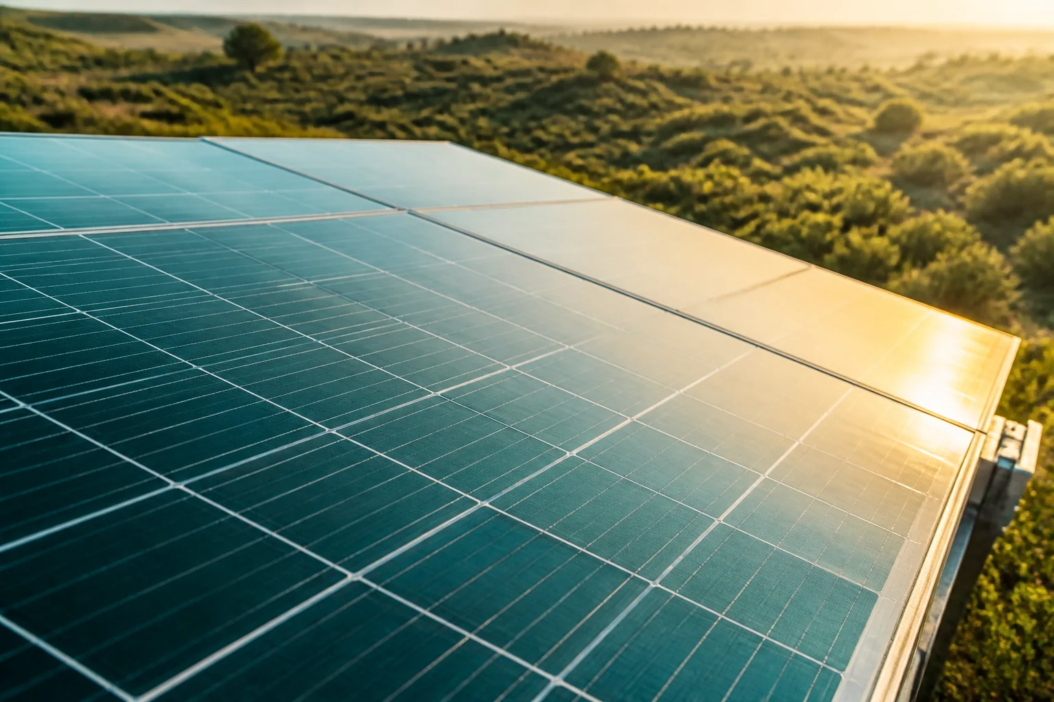 Illustrative close-up of photovoltaic cells and aluminium framing in warm light